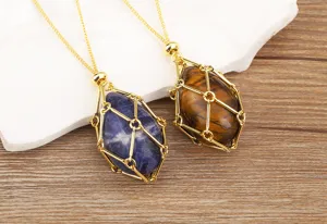 Gold plated adjustable crystal stone cage necklace natural rough stone pendant jewelry item