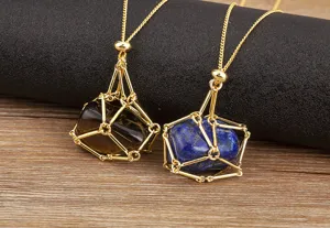 18K Gold Plated Natural Crystal Cage Necklace Detail Featuring Woven Metal Bamboo Chain