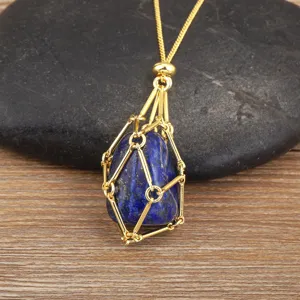 18K Gold Plated Natural Lapis Lazuli Crystal Wire Cage Pendant Necklace with Adjustable Chain