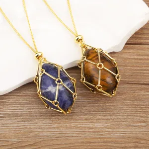 Trendy Adjustable Copper Plated 18K Gold Natural Stone Crystal Cage Pendant Necklace