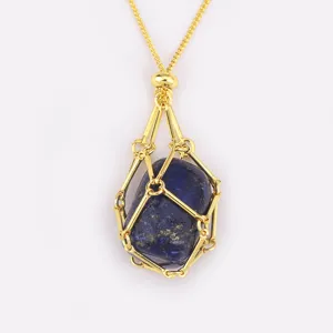 18K gold plated metal cage crystal stone pendant necklace with adjustable chain for women.
