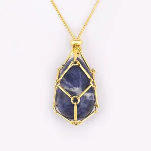 Gold plated crystal stone cage pendant necklace natural blue gemstone jewelry for women