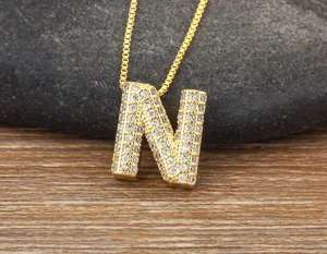 Gold letter N pendant necklace micro pave cubic zirconia stylish clavicle jewelry detail