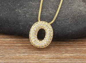 Gold-plated letter O pendant necklace with micro-set cubic zirconia for women and girls fashion.