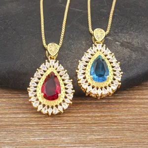 Collana Con Pendente in Zirconia a Forma di Pera in Rame Placcato Oro 18K per Donna Elegante Cuore Intarsiato Gioielli