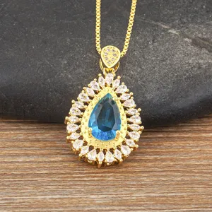 Collana Con Pendente Zircone Blu Goccia Placcato Oro 18K Gioiello Di Lusso Elegante