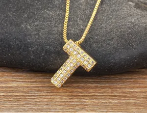 Gold micro pave cubic zirconia letter T pendant necklace for women and girls daily wear