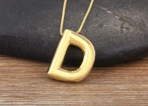Gold puff letter D pendant necklace, 18k gold plated copper minimalist chic jewelry accessory.