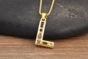 18k gold plated copper letter L pendant necklace with colorful sparkling zircon gemstones.