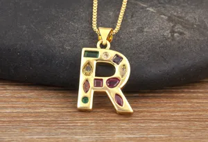 Gold plated letter R pendant necklace with colorful cubic zirconia, fashion jewelry gift.