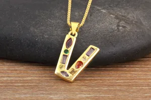 18K gold plated letter V pendant necklace with colorful cubic zirconia inlaid fine jewelry.