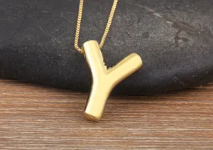 Gold plated bubble letter Y pendant necklace, dainty chain, stylish minimalist jewelry for women.