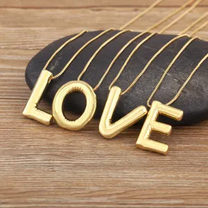 Bubble Letter Pendant Necklace 18K Gold Plated Copper For Women Shiny Zirconia 26 Alphabet Initial Jewelry Gift