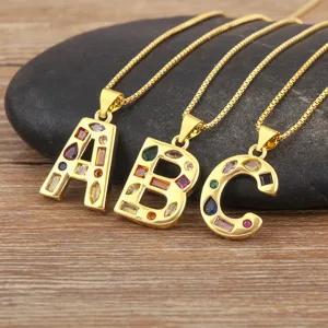 18K Gold Plated Copper Initial Letter Pendant Necklace Colorful Zirconia Personalized Alphabet Jewelry For Women Gift