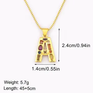 18K Gold Plated Copper Letter A Pendant Necklace with Colorful Cubic Zirconia Stones