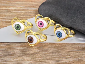 Copper 18K gold plated exaggerated evil eye resin heart open adjustable rings detail view