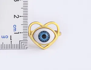 Exaggerated 18k gold plated evil eye heart ring adjustable Turkish blue eye jewelry detail