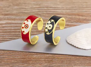 Gold plated evil eye open ring set, trendy fashion enamel adjustable jewelry for women.