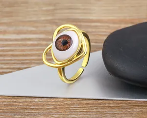 Adjustable 18k gold plated evil eye ring with resin heart design eye jewelry fashion statement