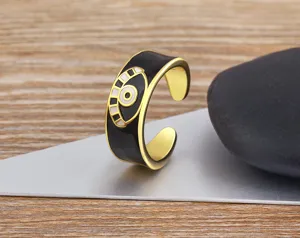 Copper 18K gold plated evil eye open ring for women, stylish black enamel adjustable ring.