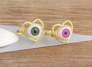 Adjustable gold-plated resin evil eye heart ring Turkish blue eye fashion jewelry