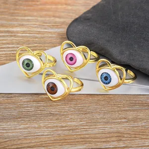 Exaggerated Evil Eye Heart Open Adjustable Ring For Women 18K Gold Plated Copper Resin Turkish Devil Eye Zirconia Ring Jewelry
