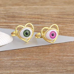 Gold plated resin evil eye heart shaped open ring Turkish style adjustable finger ring
