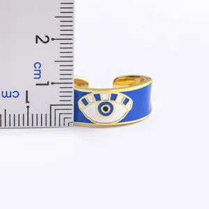 Gold plated evil eye open ring for women fashion jewelry adjustable size blue enamel design
