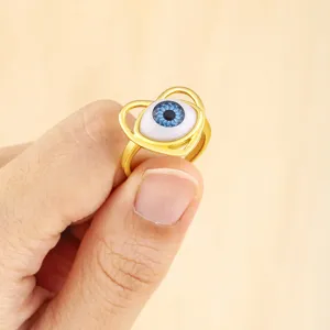 Gold plated evil eye heart ring adjustable turkish blue resin eye statement ring