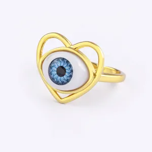 Gold Plated Evil Eye Open Ring Heart Shape Resin Turkish Blue Eye Adjustable Jewelry