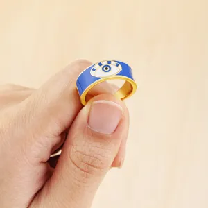 Gold plated evil eye open ring for women fashion blue enamel statement jewelry 18k copper