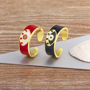 Fashion 18K gold plated evil eye open ring for women, creative enamel adjustable ring.
