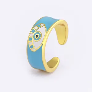 Gold plated evil eye adjustable ring, trendy enamel blue eye open finger jewelry.