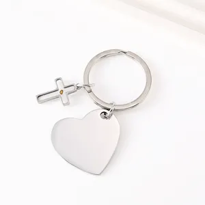 Porte-clés graine de moutarde en acier inoxydable avec pendentif cœur croix à graver.