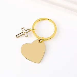 Porte-clés en acier inoxydable doré avec pendentif cœur et croix à personnaliser.