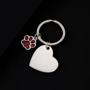 Stainless steel metal keychain with red glitter dog paw charm and blank heart pendant DIY.