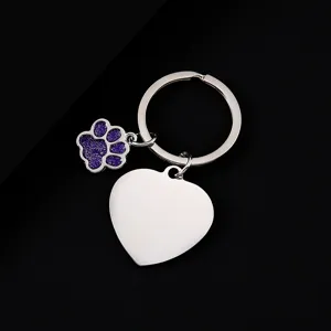 Stainless steel keychain with glitter paw and heart pendant for laser engraving DIY customized