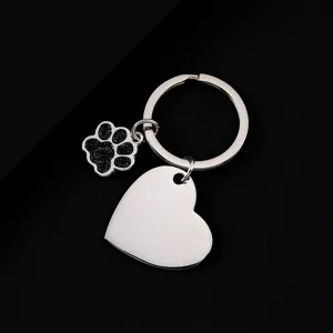 Stainless steel metal keychain with glitter paw and blank heart pendant for laser engraving.