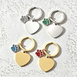 Stainless Steel Dog Paw Heart Keychain Glitter Laser Engraving Blank Pendant Keyring For Women Men Fashion Jewelry Gift
