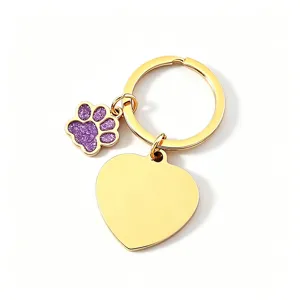 Stainless steel glitter dog paw keychain with blank heart pendant for laser engraving.