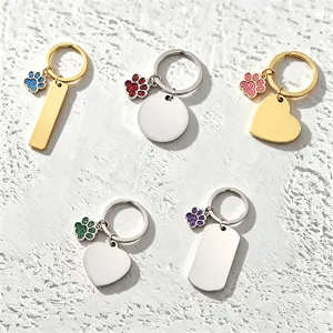 Stainless Steel Glitter Dog Paw Keychain Blank Military Tag Engravable Metal Keychain DIY UV Printing Pet Lovers Gifts