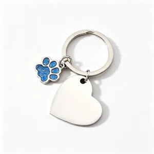 Stainless steel glitter dog paw keychain blank heart pendant for laser engraving
