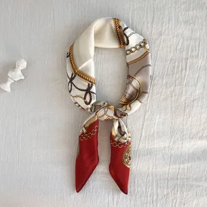 Donna vintage catena stampa seta quadrato sciarpa 70cm elegante rosso bianco fazzoletto