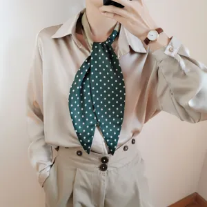Pañuelo de seda verde con lunares para mujer, bufanda larga y fina elegante para camisas.