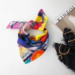 Colorata sciarpa di seta con stampa astratta a olio, elegante fazzoletto da collo per donna.