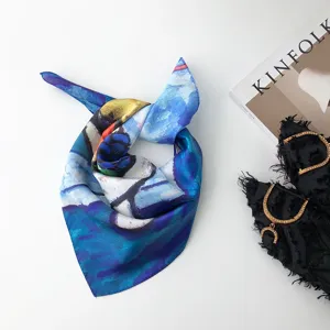 Sciarpa di seta con pittura a olio astratta artistica donna fazzoletto collo elegante blu