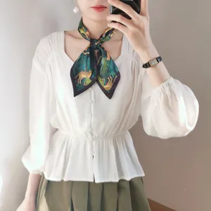 Pañuelo de seda verde retro con estampado tropical, elegante bufanda corta para mujer.
