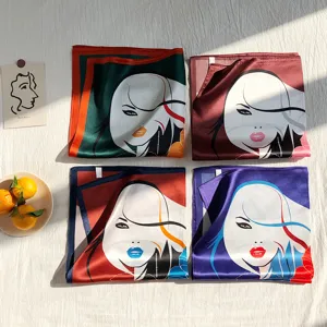 Artistic abstract face print silk scarf elegant square satin scarf for women daily wear