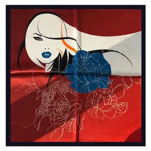 Detailed close-up view of the artistic abstract painting silk scarf featuring vivid floral patterns.