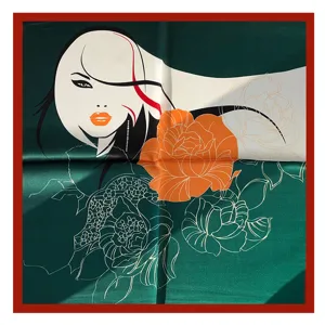 Silk square scarf featuring artistic abstract women face and floral print for women elegant daily wear.